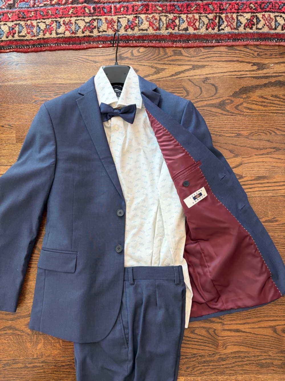 Joseph Abboud Navy Suit with Maroon Lining and Navy Bow Tie